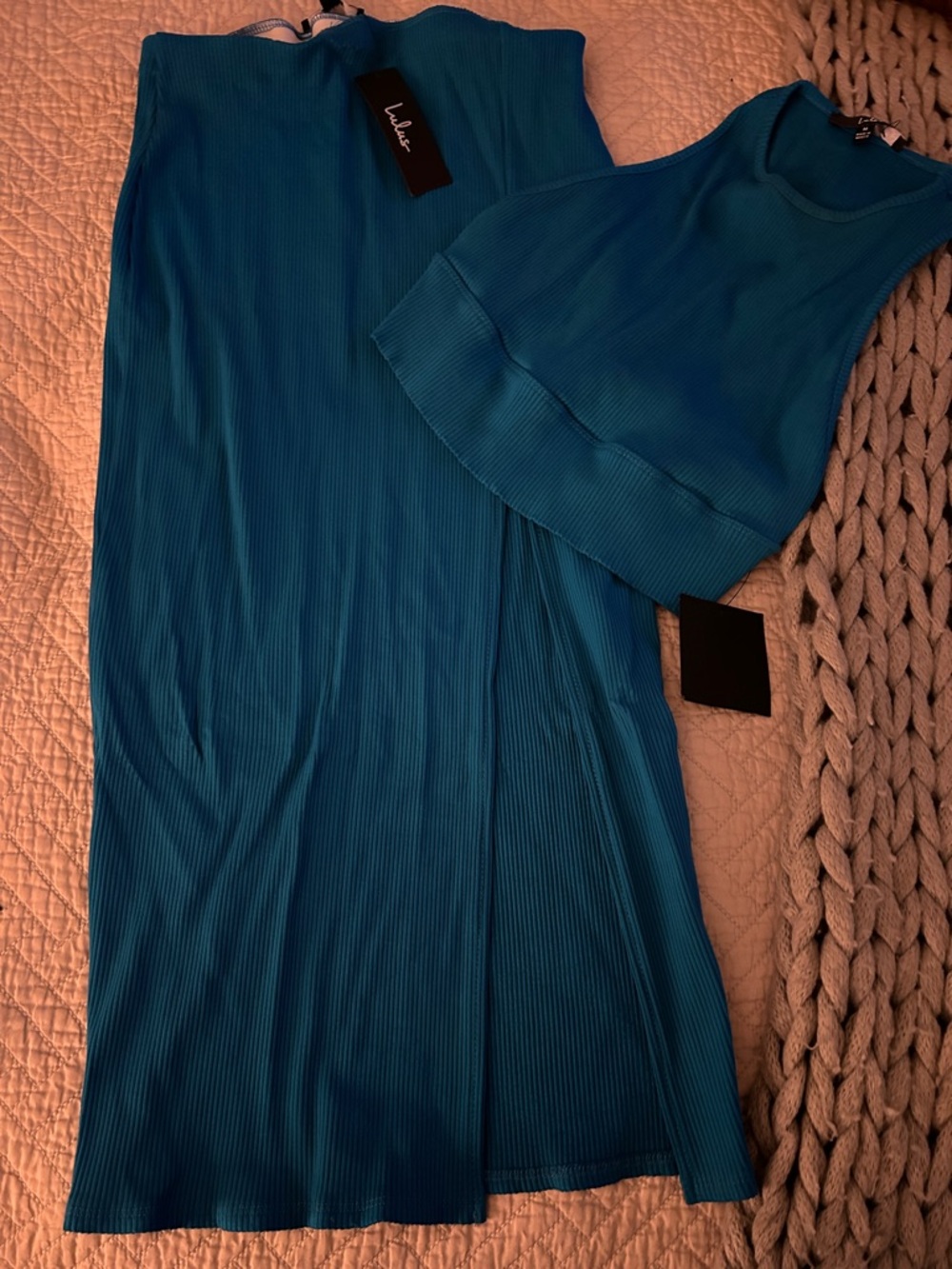 Lulu's Teal Ribbed Sleeveless Crop Top & Maxi Skirt Set
